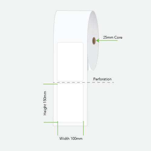 A white perforated label sheet on a roll with a 25mm core, shown with dimension labels indicating height 150mm, width 100mm, and perforation line detail on a light gray background.