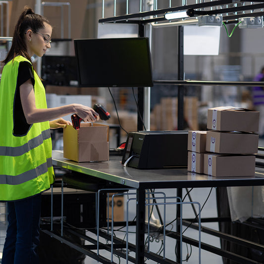 Person in a warehouse setting packaging items at a desk with boxes and a computer.
