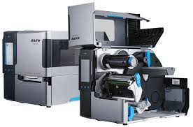 A large industrial laser marking machine shown in a clean studio-style shot, with its front cover open to reveal internal components and a work head assembly. The machine is primarily dark gray and black with bright blue accent panels and branding.