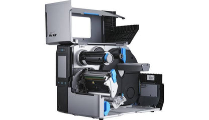 A compact industrial label printer or label application system shown in side profile on a plain white background. The machine has a dark gray and black body with bright blue accents and a partially open top cover.