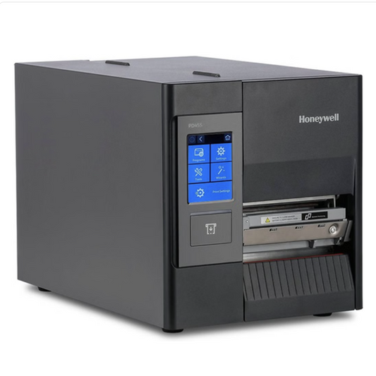 Honeywell industrial printer with a touchscreen interface on a white background