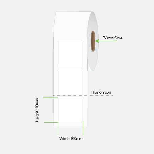 A roll of white square labels with printed perforation marks and dimension labels showing 100mm height and width, plus a 76mm core, on a light gray background.