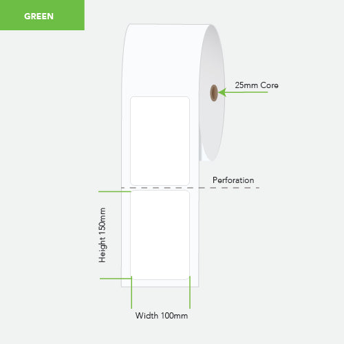 A roll of green perforated label paper with dimensions marked: height 150mm, width 100mm, and a 25mm core. The image includes a green 'GREEN' label on a light gray background.