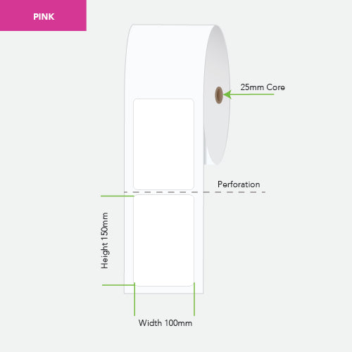 A product diagram of a roll of labels on a light gray background, with a pink header in the top-left corner. The diagram shows a white label sheet with perforations, dimensions labeled as height 150mm and width 100mm, and a 25mm core.