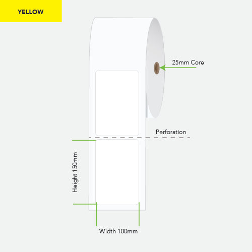 A product diagram of a roll of yellow perforated labels on a light gray background, with dimension annotations showing a height of 150mm, width of 100mm, and a 25mm core.