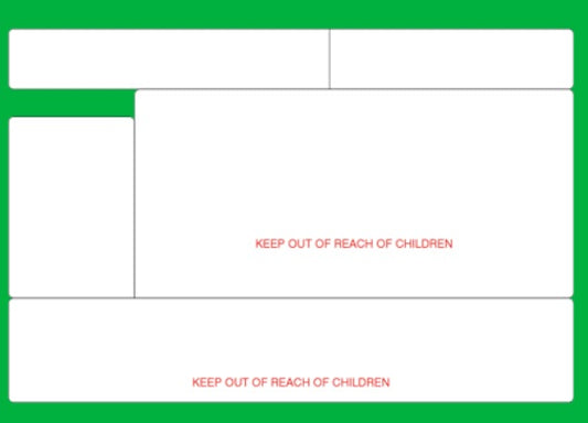 A green safety warning sign template with white rectangular panels and red text reading 'KEEP OUT OF REACH OF CHILDREN' on a white background.