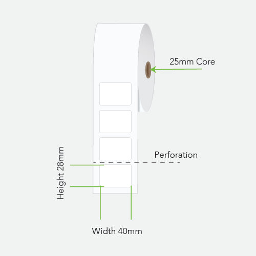 A roll of white rectangular label stickers on a light gray background, with green arrows and text indicating dimensions: 25mm core, height 28mm, width 40mm, and perforation details.