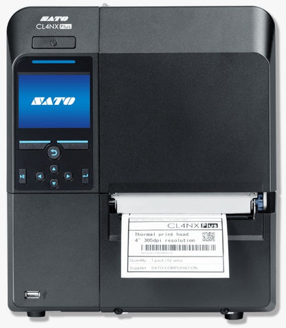 Sato label printer with display and label output on a white background