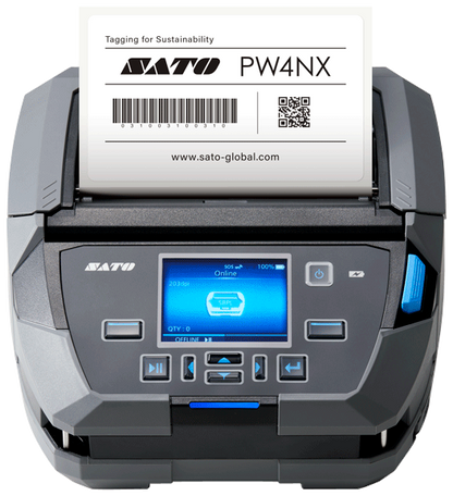 Sato label printer with a label on a white background