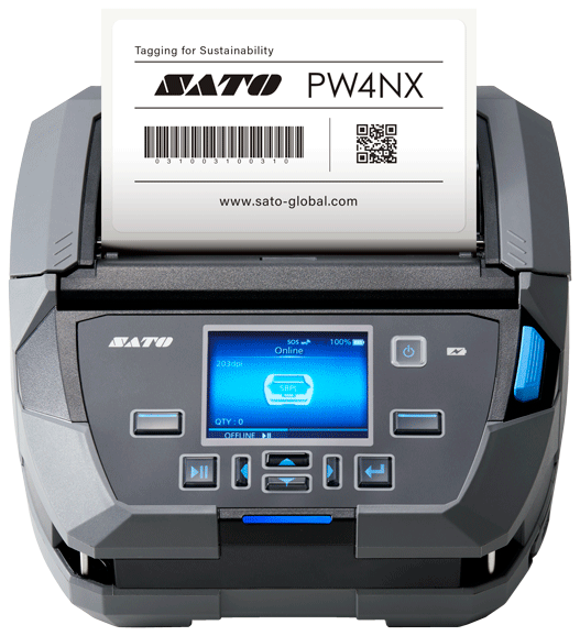 Sato label printer with a label on a white background