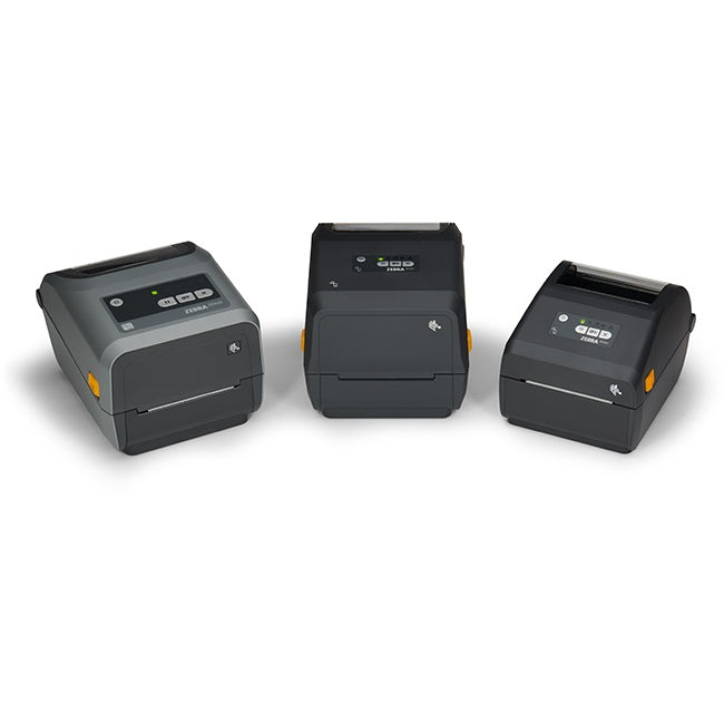 Three Zebra label printers of different sizes on a white background