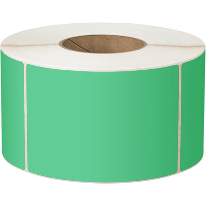 A roll of bright green adhesive labels with white backing, shown on a plain white background.