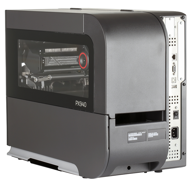 Gray industrial printer with transparent front panel on a white background