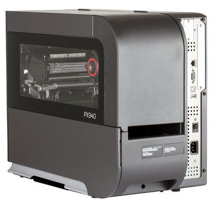 Gray industrial printer with transparent front panel on a white background