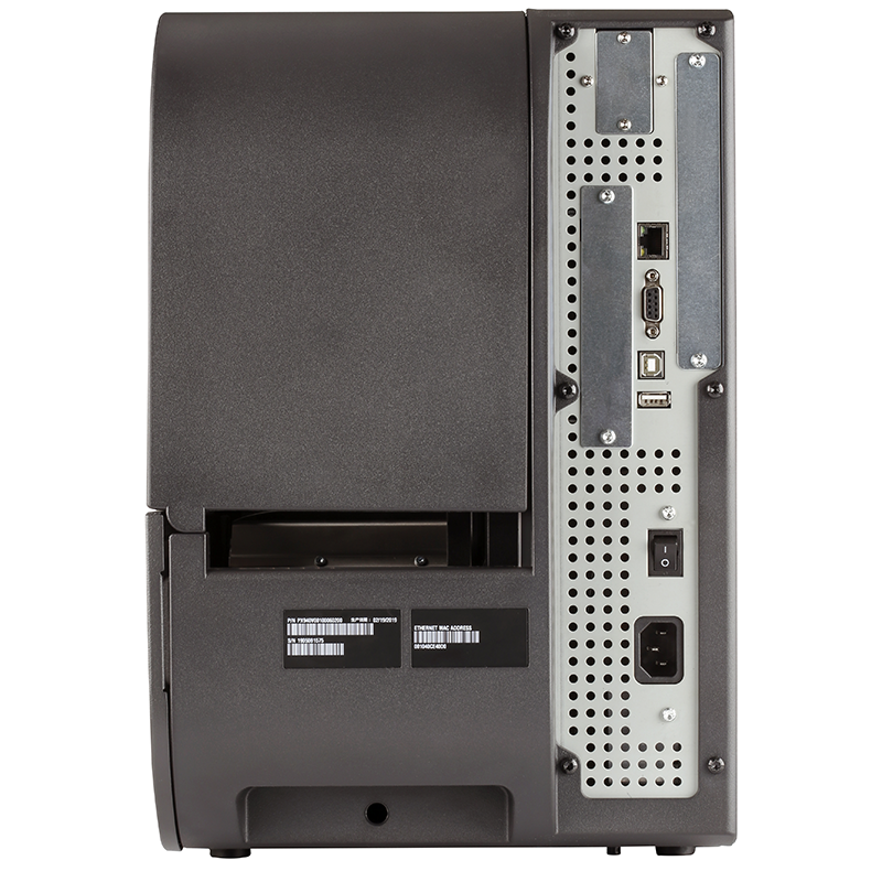 Back view of a black printer with connectivity ports on a white background