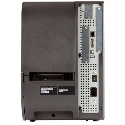 Back view of a black printer with connectivity ports on a white background